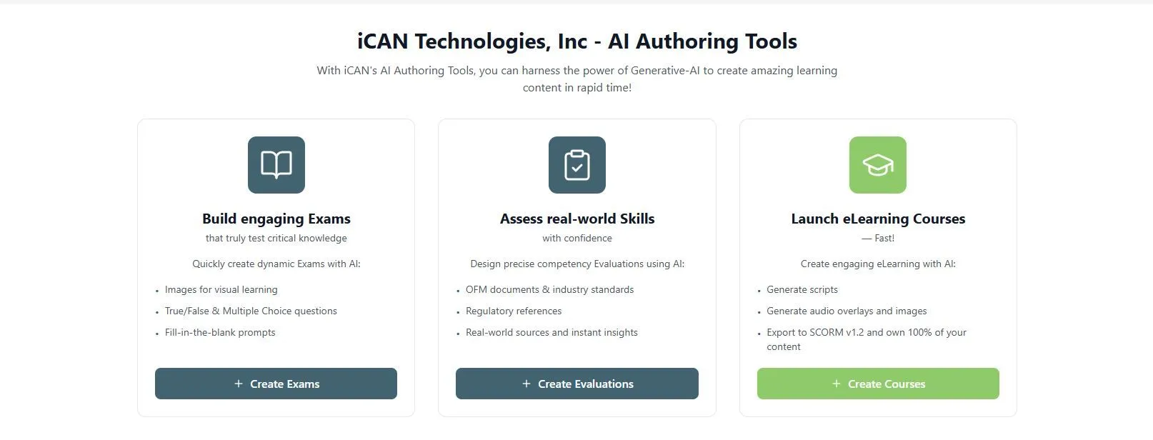 iCAN AI Authoring Tools overview for exams, evaluations, and eLearning