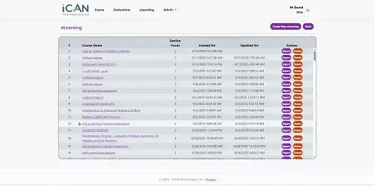 iCAN eLearning course management dashboard